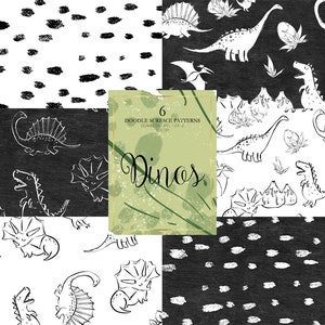 Dino Doodle Digital Paper, Dinosaur Patterns, Dino Planner Stickers Paper, Chalkboard Boy Custom Fabrics Surface Pattern Design