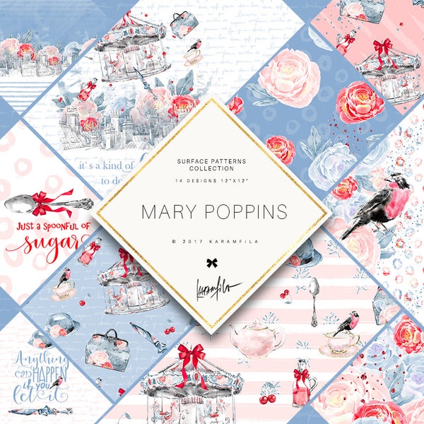 Mary Poppins Digital Paper, Mary Poppins Scrapbook Paper Carousel Fabrics Seamless Patterns Mary Poppins Clipart, Fairytale Planner Stickers