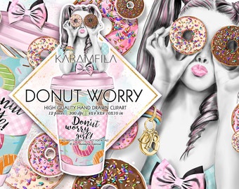 Donuts and Coffee Clipart Takeaway Cup Watercolor Fashion Illustrations Donut Worry Be Happy Girl Boss Life Business Planner Supplies DIY