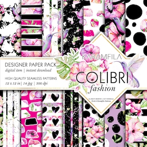 Tropical Fashion Digital Paper Watercolor Birds and Flowers Planner Stickers Cute Hummingbird Patterns Hibiscus Fabrics Abstract Backgrounds