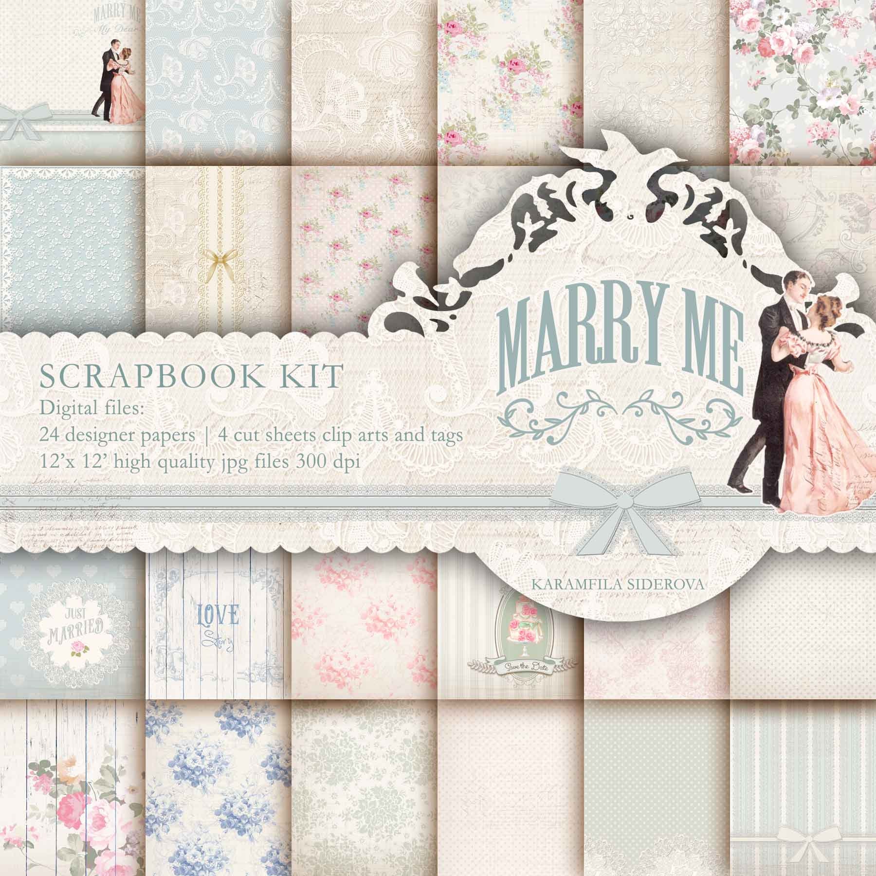 Karamfila's Vintage Wedding Scrapbook Paper Kit, Wedding Digital Paper,  Shabby Chic Printable Paper, Romantic Vintage Wedding Clip Art Tags. 