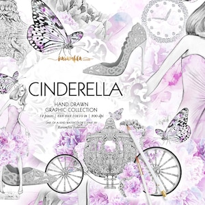 Cinderella Clipart Fashion FairyTale Clipart Princess Planner Stickers Pumpkin Carriage Shoes Watercolor Butterflies Flowers Silver Diamonds