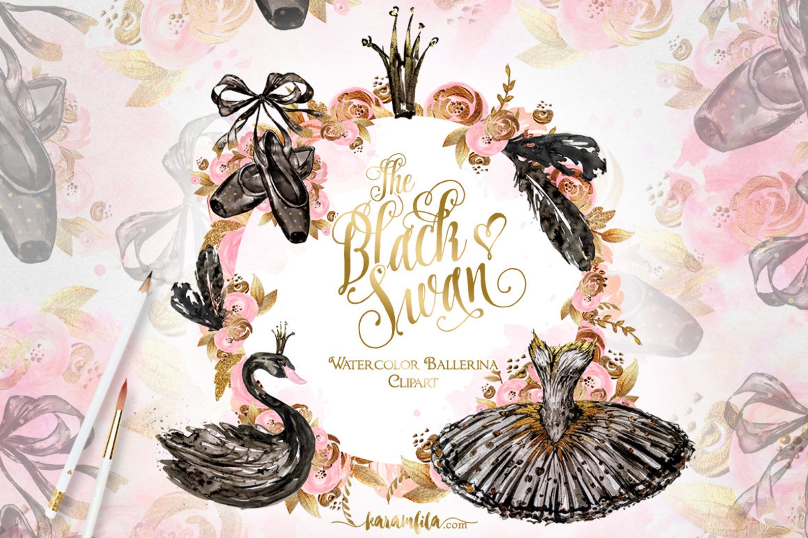 ballerina clipart black swan lake watercolor ballet illustration handpainted pointe shoes tutu dress feather crown gold glitter