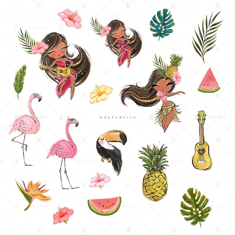 Tropical Clipart Glitter Flamingo Clipart Hula Girl Hawaii Aloha Clipart Watermelon Pineapple Clipart Ukulele Toucan Summer Planner Stickers