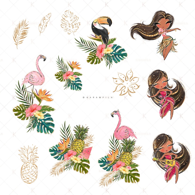 Tropical Clipart Glitter Flamingo Clipart Hula Girl Hawaii Aloha Clipart Watermelon Pineapple Clipart Ukulele Toucan Summer Planner Stickers