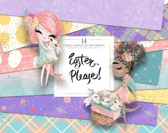 Easter Basic Patterns, Spring Digital Paper, Pastel Gingham Patterns, Spring Fabrics. Easter Bunnies Spring Flowers Collection.