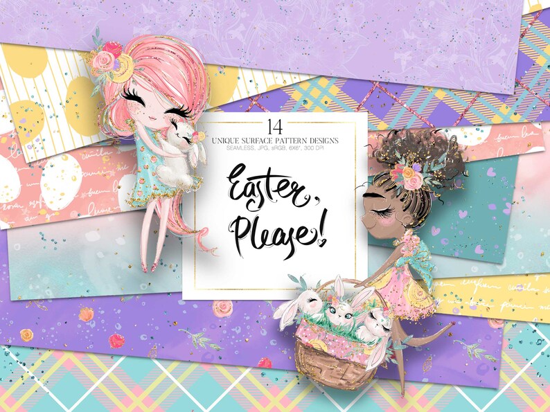 Easter Basic Patterns, Spring Digital Paper, Pastel Gingham Patterns, Spring Fabrics. Easter Bunnies Spring Flowers Collection. image 1