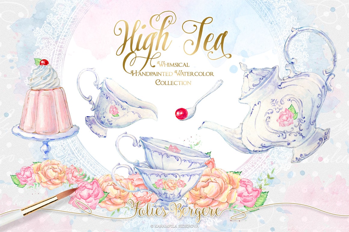 Tea Clipart Watercolor Tea Party Clipart High Tea Invitation Etsy