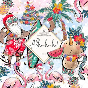 Karamfila's Tropical Christmas Clipart, Hipster Santa Flamingo Xmas Planner Stickers, Glitter Clipart, Doodle Print on Demand Illustrations.