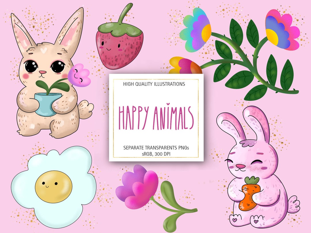 Happy Animals Clipart, High Quality Illustrations, Digital Print ...
