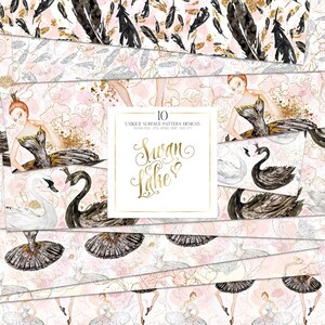 Watercolor Ballerina Digital Paper White Black Swan Lake Handpainted Floral Seamless Patterns Ballet Shoes Feather Crown Blush Gold Glitter