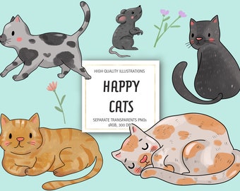 Happy Cats Clipart, High Quality Illustrations, Digital Print, Planner Stickers, Watercolour, Commercial Use - Digital Download