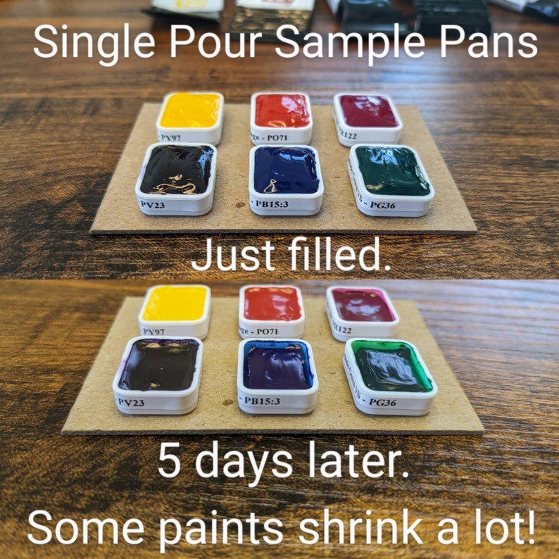 May include: A comparison of watercolour paint samples in small white pans, arranged on a brown surface. The text reads "Single Pour Sample Pans" and "Just filled." Below, the same pans are shown "5 days later." Some paints have shrunk.