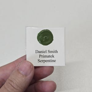 May include: A small square card with a swatch of dark green paint. The card reads "Daniel Smith Primatek Serpentine" in black text. The paint is swirled in a circular pattern.