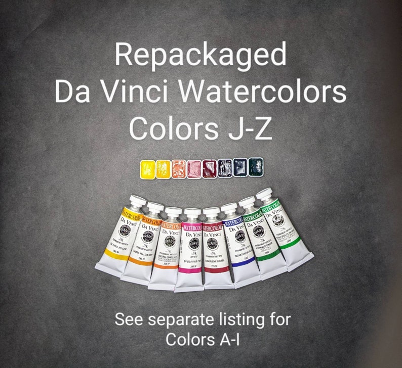 May include: A collection of Da Vinci watercolors in tubes and pans, labeled "Colors J-Z." The image displays a variety of vibrant colors, including yellow, orange, pink, red, blue, and green. Text on the image reads "Repackaged Da Vinci Watercolors" and "See separate listing for Colors A-I."