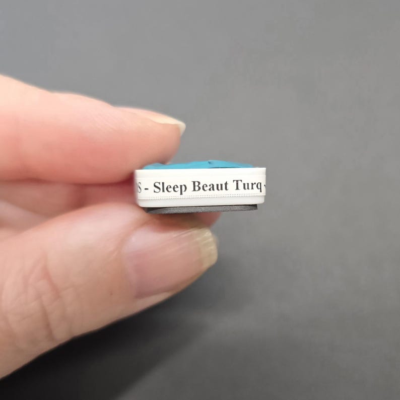 May include: A small, rectangular magnet with a turquoise top and white sides. The text "S - Sleep Beaut Turq" is printed on the side. The magnet is held between two fingers against a gray background.