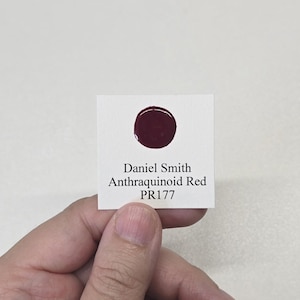 May include: A small white card with a dark red circular paint swatch. The card has the text "Daniel Smith Anthraquinoid Red PR177" printed in black. The card is held by a person.