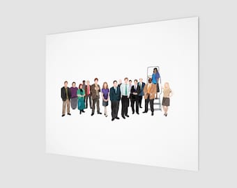 May include: A watercolor illustration of a group of people, mostly men, standing in a line. They are all wearing business casual attire. There is one woman standing on a ladder in the back. The illustration is on a white background.