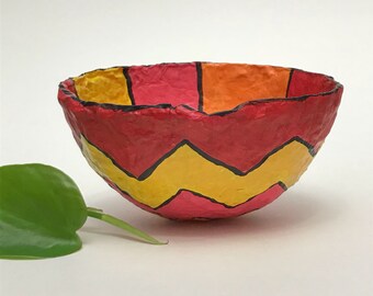 Colorido Papier-maché Bowl - Rojo, Amarillo, Naranja, Rosa