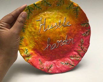 Hustle Harder - Jewelry Dish - Papier-maché - Amarillo, Rosa