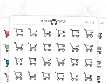 May include: A sheet of stickers with 50 shopping cart icons. Each icon has a small heart inside. The sheet is white with a black border. The text "PLANNER PENGUIN" is at the top of the sheet.