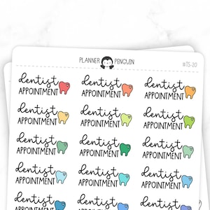 May include: A sheet of colorful planner stickers with the text "dentist appointment" repeated multiple times. Each sticker features a small cartoon tooth with a heart.