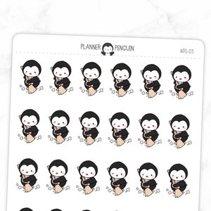 May include: A sheet of 36 planner stickers featuring a cartoon penguin holding a broom and sweeping. The stickers are white with black outlines and pink accents. The text "Planner Penguin" and "HPS-03" are printed at the top of the sheet.