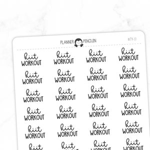 May include: A sheet of 24 black and white stickers with the text "hiit workout" repeated on each sticker.