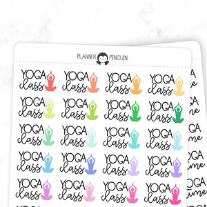 May include: A sheet of colorful stickers with the text "Yoga Class" and a yoga pose icon. The stickers are in various colors, including pink, blue, green, yellow, orange, and purple.