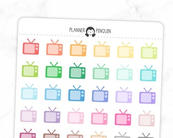 May include: A sheet of colorful television stickers. The stickers are in various shades of blue, green, yellow, orange, pink, and red. The stickers are arranged in a grid pattern. The text "PLANNER PENGUIN" is at the top of the sheet.