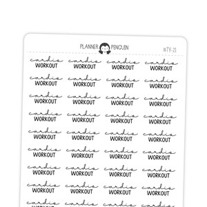 May include: White sticker sheet with the words "cardio workout" in a repeating pattern. The words are in a handwritten style font. The sticker sheet also has the Planner Penguin logo and the text "#TY-21".