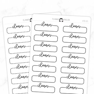 Puede incluir: Una hoja de pegatinas de planificador imprimibles con la palabra "clean" escrita en cursiva en cada pegatina. Las pegatinas están diseñadas para ser utilizadas para organizar y planificar.