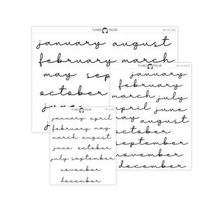 May include: A set of 3 sheets of planner stickers with handwritten month names in black ink. The sheets are labelled "#15-08-LARGE", "#15-08-MEDIUM", and "#15-08-SMALL".