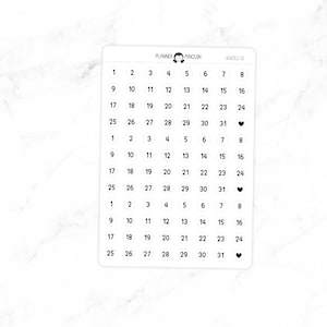 May include: A sheet of white planner stickers with black numbers 1 through 31, a heart symbol, and the text "PLANNER PENGUIN #DATES-01".