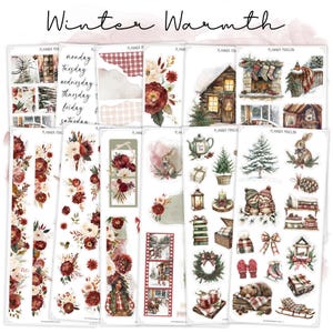May include: A selection of planner stickers with a winter theme. The stickers depict cabins, floral arrangements, animals, and cosy winter items. The colour palette includes burgundy, cream, and green. The text "Winter Warmth" is at the top.