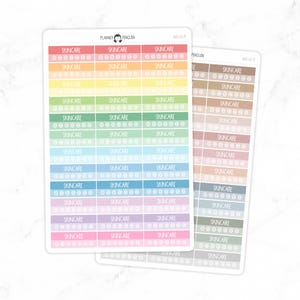May include: A set of three colourful sticker sheets with a grid of 12 rows and 3 columns. Each sticker has the word "SKINCARE" and a row of small circles. The stickers are in shades of pink, blue, green, yellow, and grey.