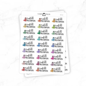 May include: A sheet of 18 colorful stickers with the text "refill prescription" and a cartoon image of a pill bottle. The pill bottles are in various colors, including pink, blue, green, orange, and purple.