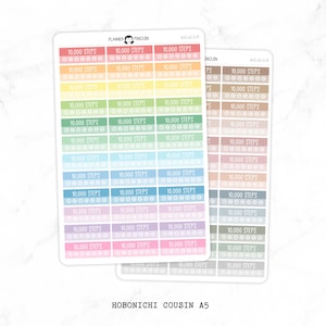 May include: A set of colorful planner stickers with the text "10,000 Steps" repeated on each sticker. The stickers are designed for use in the Hobonichi Cousin A5 planner.