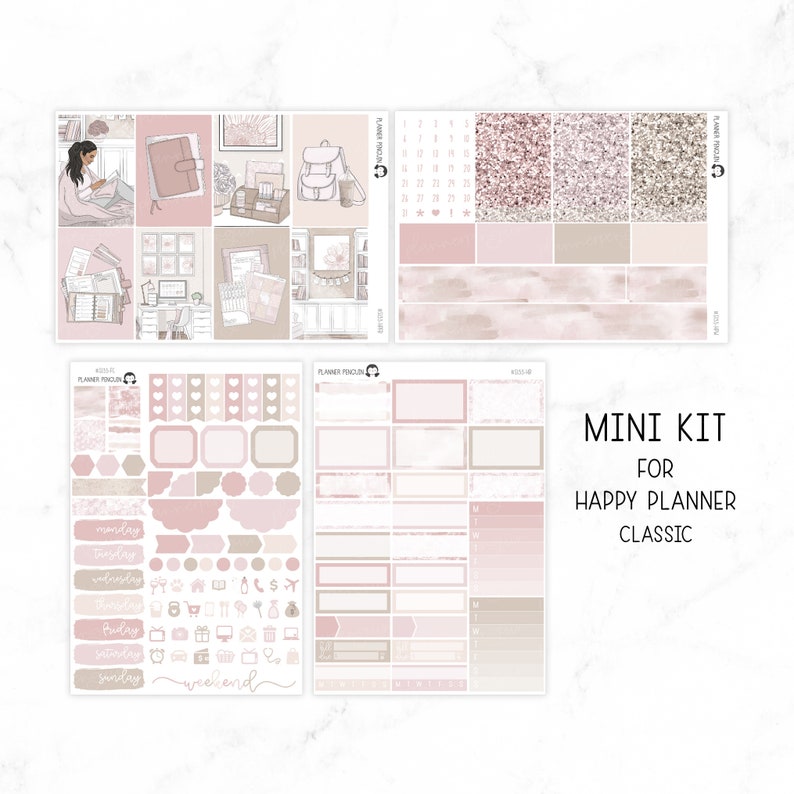 Puede incluir: Un kit de mini pegatinas rosa y marr&oacute;n para Happy Planner Classic. El kit incluye una variedad de pegatinas, incluyendo cajas, corazones y un calendario. El kit tambi&eacute;n incluye un conjunto de pegatinas con los d&iacute;as de la semana y la palabra "fin de semana".