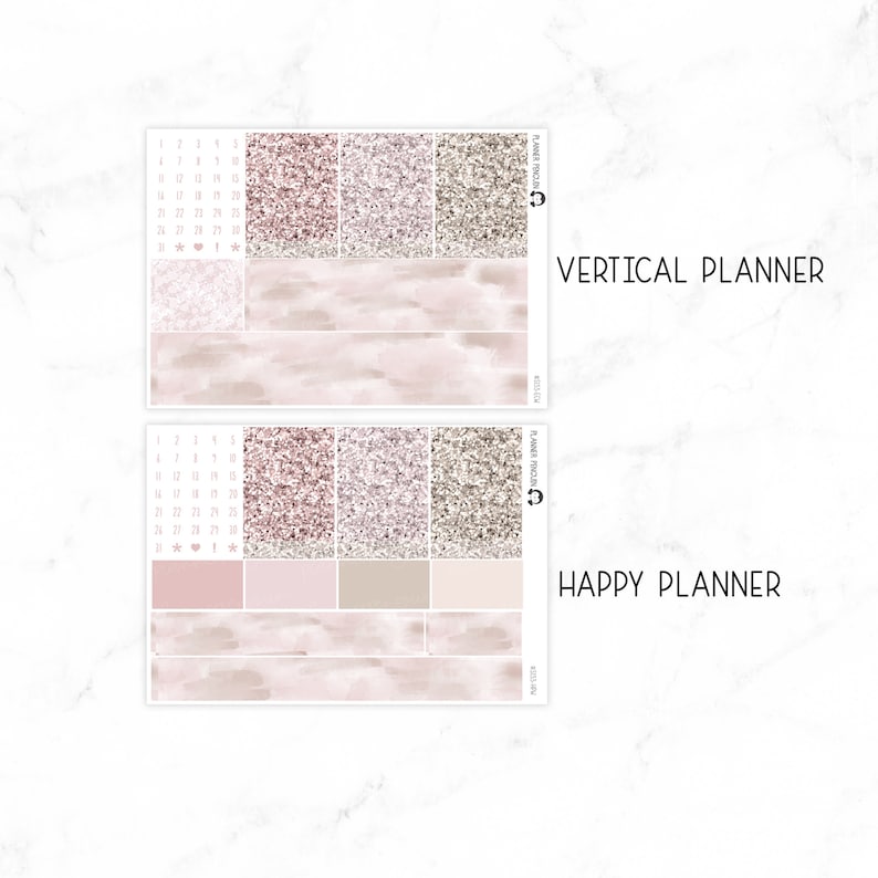 Puede incluir: Un conjunto de pegatinas para planificadores con un fondo de acuarela rosa y blanco y detalles de purpurina. Las pegatinas incluyen un calendario, cajas y una pancarta que dice "Happy Planner".