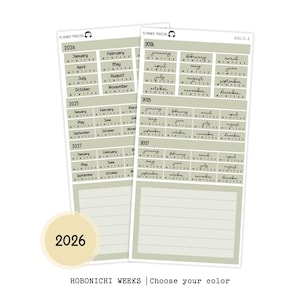 Könnte beinhalten: Zwei Blätter mit Planer-Aufklebern mit den Jahren 2025, 2026 und 2027. Jedes Aufkleberblatt hat Monatskalender und einen Abschnitt für Notizen. Der Text "HOBONICHI WEEKS | Choose your color" steht unten.