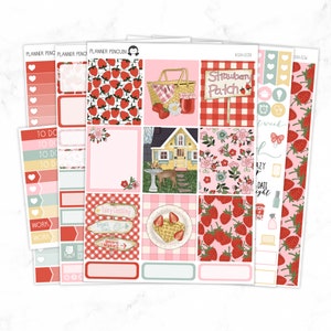 May include: A set of printable planner stickers featuring a strawberry patch theme. The stickers include a strawberry patch sign, a picnic basket, a house, a floral pattern, a fairy crossing sign, a plate of waffles with strawberries, and a strawberry pattern. The stickers are designed for use in a planner or journal.