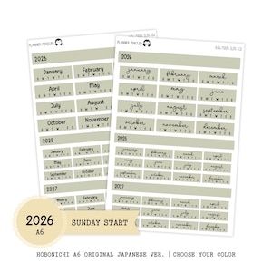 2026 Hobonichi A6 Original Japanese SUNDAY start Yearly view Stickers  // Year at glance Stickers   // #A6-Sunday-MAIN-COLOR