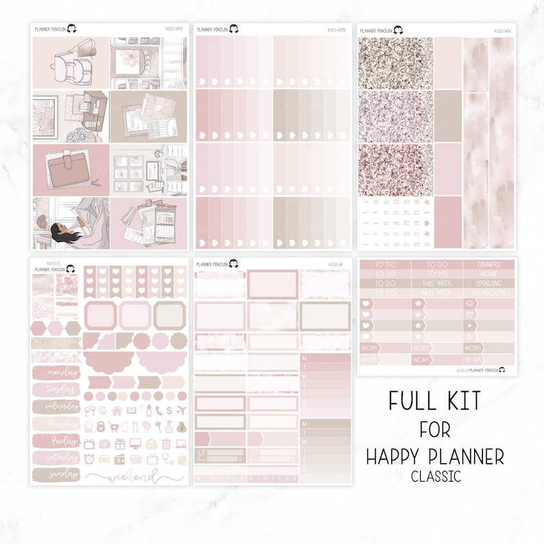Puede incluir: Un kit completo de pegatinas de planificador rosa y marr&oacute;n para el Happy Planner Classic. Las pegatinas incluyen varios dise&ntilde;os, como corazones, estrellas y formas geom&eacute;tricas. Tambi&eacute;n hay pegatinas con texto, como "Lunes", "Martes", "Fin de semana" y "Por hacer".