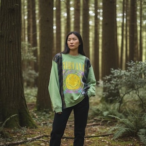 Upcyled Nirvana Crewneck Sweatshirt with Flannel Long Sleeves