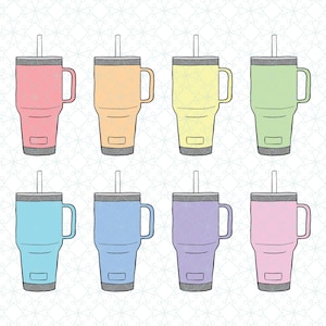 May include: Set of eight colorful tumblers with lids and straws. The tumblers are in various pastel colors, including pink, orange, yellow, green, blue, light blue, purple, and pink.