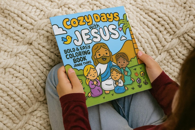K&ouml;nnte beinhalten: Ein Kind h&auml;lt ein Malbuch mit dem Titel "Cozy Days with Jesus". Das Cover zeigt eine Cartoon-Illustration von Jesus mit Kindern, vor blauem Himmel und gr&uuml;nem Gras. Das Buch tr&auml;gt den Titel "Bold & Easy Coloring Book" von Janae Tyars.