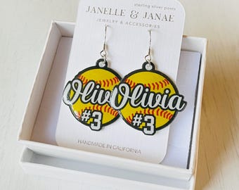 Personalized Softball Earrings | Gift for Softball Mom | Custom Softball Player Name and Number Dangle Earrings