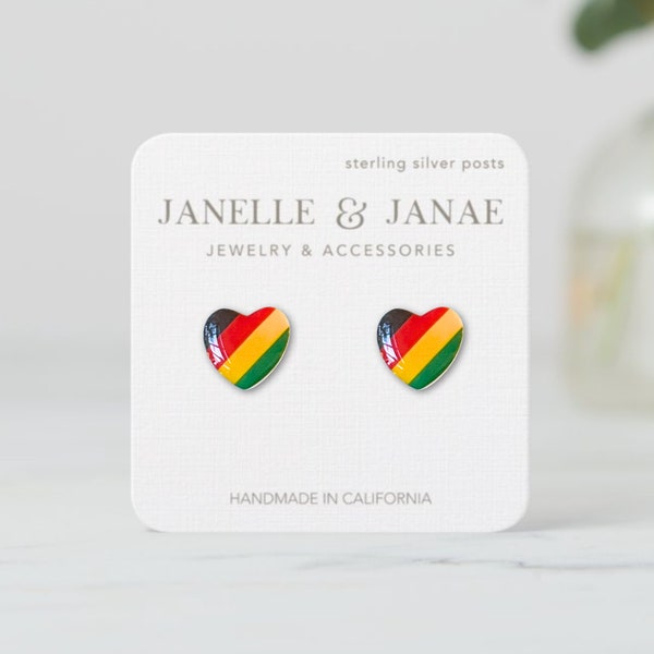 Black History Month Celebration Earrings | BlackHistory | Red Yellow Green | Heart-Shaped Studs | Sterling Silver | Resin | Hypoallergenic