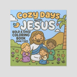 K&ouml;nnte beinhalten: Ein Malbuch f&uuml;r Kinder mit dem Titel "Cozy Days with Jesus". Das Cover zeigt eine Illustration von Jesus mit drei Kindern, einem Vogel und einer Palme. Das Buch ist mit einfachen und kr&auml;ftigen Malvorlagen gestaltet.